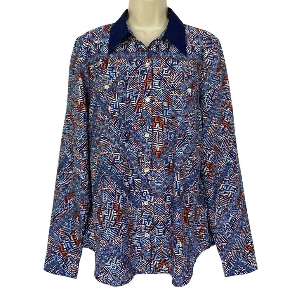 Roper‎ Western Top Womens Large Blue Tribal Print Button Up Lightweight Crepe